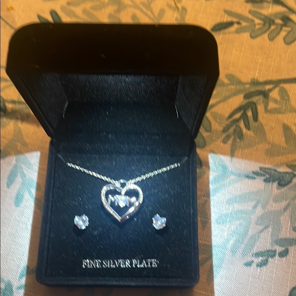 Silver Heart Pendant Necklace with Matching Earrings